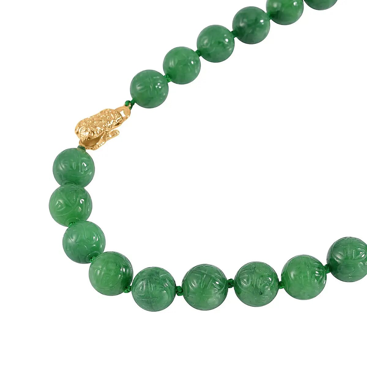 Green Jade Beaded Necklace, Dragon Frog Motif Necklace, 18 Inch Vermeil Yellow Gold Over Sterling Silver Necklace, Jade Jewelry 670.40 ctw image number 3