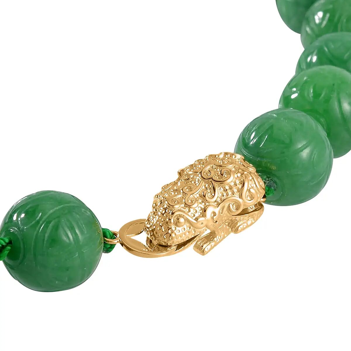 Green Jade Beaded Necklace, Dragon Frog Motif Necklace, 18 Inch Vermeil Yellow Gold Over Sterling Silver Necklace, Jade Jewelry 670.40 ctw image number 4