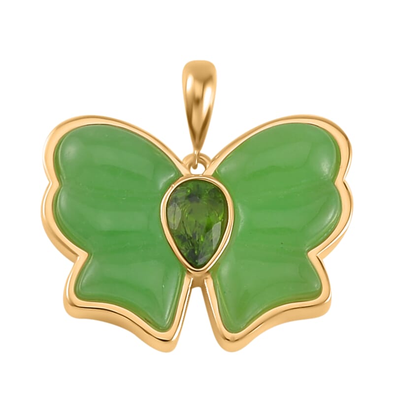 Green Jade (D) and Chrome Diopside Butterfly Pendant in Vermeil Yellow Gold Over Sterling Silver 8.40 ctw