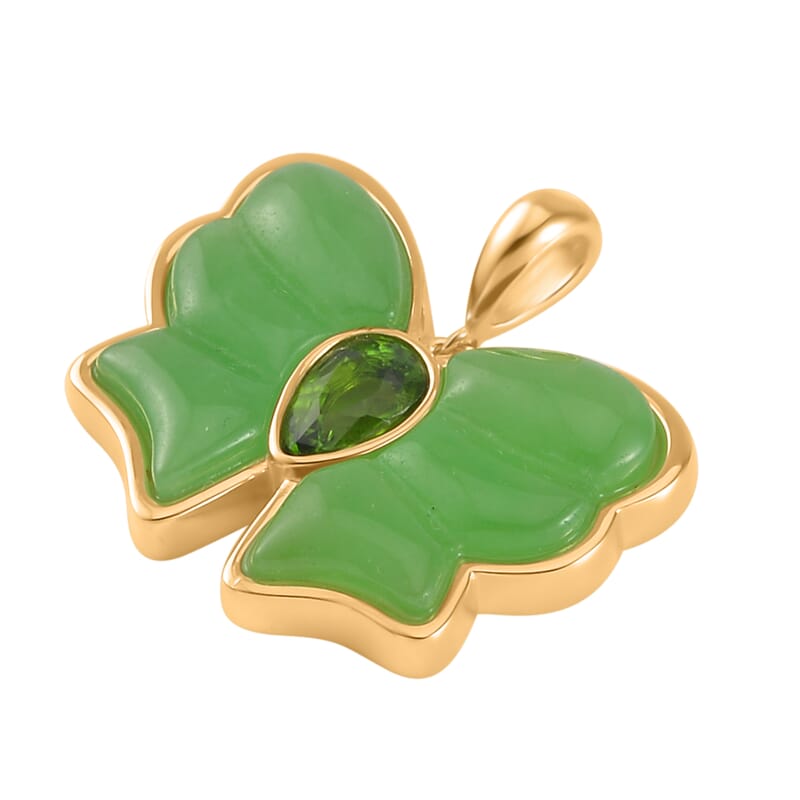 Green Jade (D) and Chrome Diopside Butterfly Pendant in Vermeil Yellow Gold Over Sterling Silver 8.40 ctw