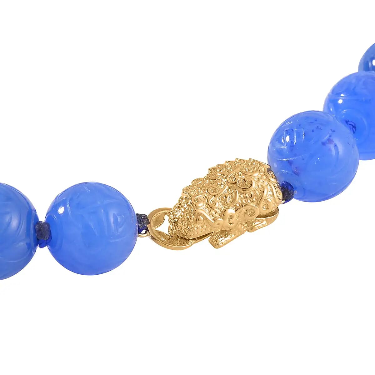 Blue Jade Beaded Necklace, Dragon Frog Motif Necklace, 18 Inch Vermeil Yellow Gold Over Sterling Silver Necklace, Jade Jewelry 697.25 ctw image number 4
