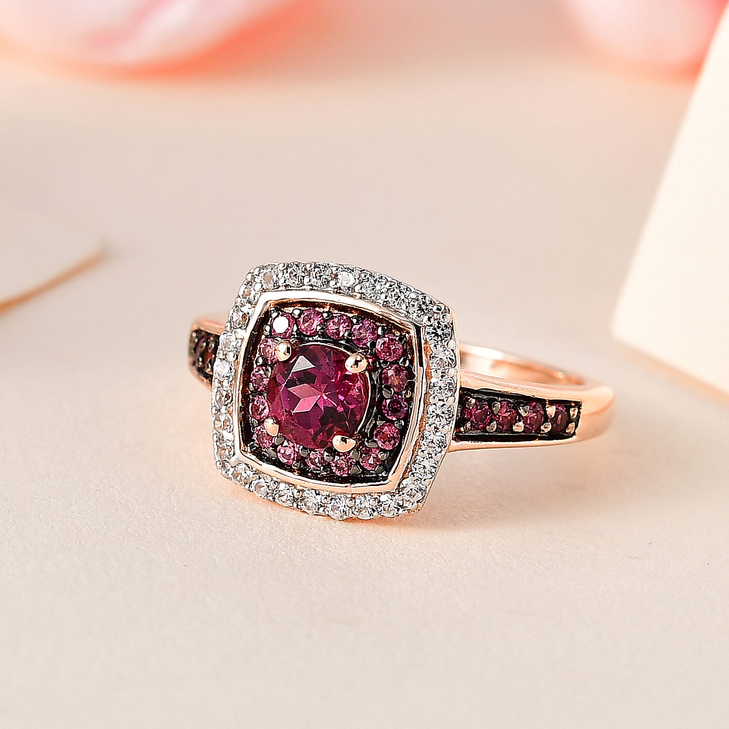 Tanzanian Rhodolite Garnet and White Zircon Double Halo Ring in Vermeil Rose Gold Over Sterling Silver (Size 10.0) 1.40 ctw