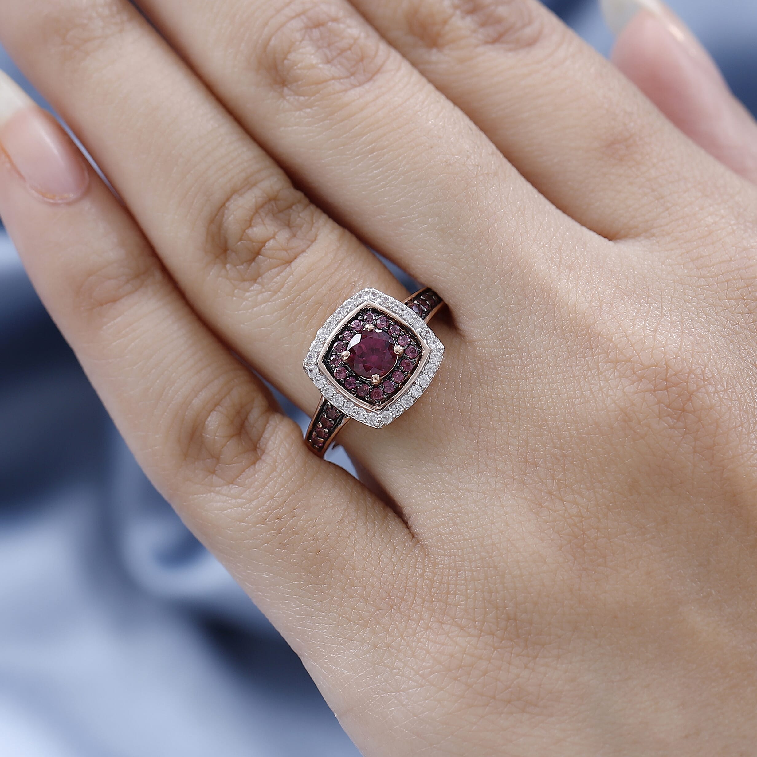 Tanzanian Rhodolite Garnet and White Zircon Double Halo Ring in Vermeil Rose Gold Over Sterling Silver (Size 10.0) 1.40 ctw