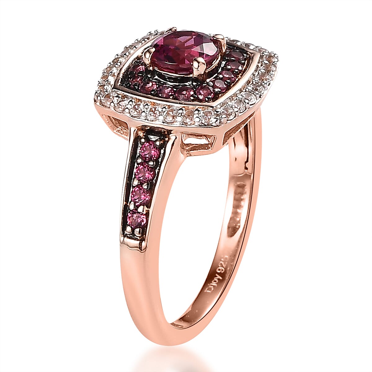 Tanzanian Rhodolite Garnet and White Zircon Double Halo Ring in Vermeil Rose Gold Over Sterling Silver (Size 10.0) 1.40 ctw