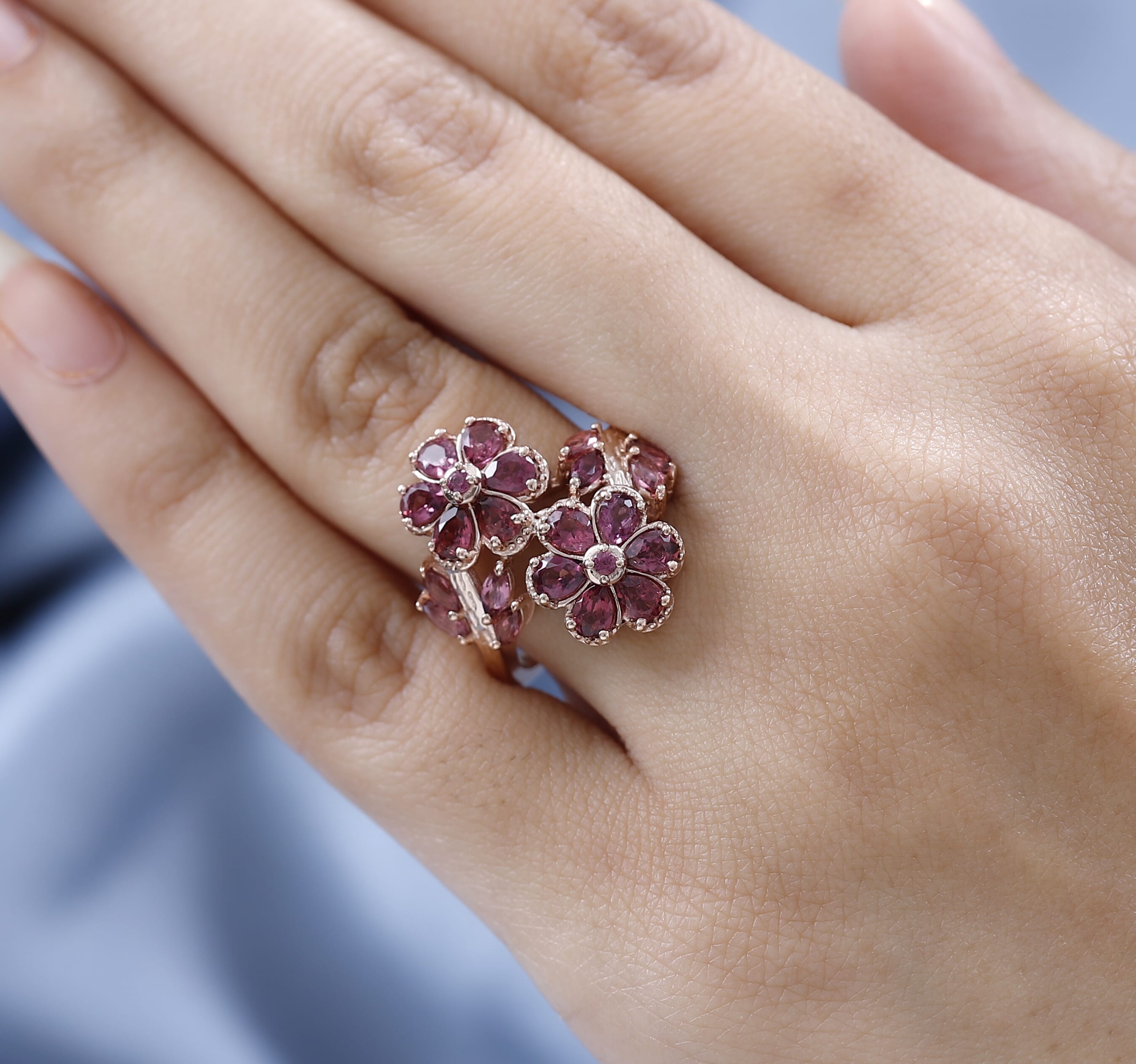 Buy Tanzanian Rhodolite Garnet Floral Bypass Ring in Vermeil