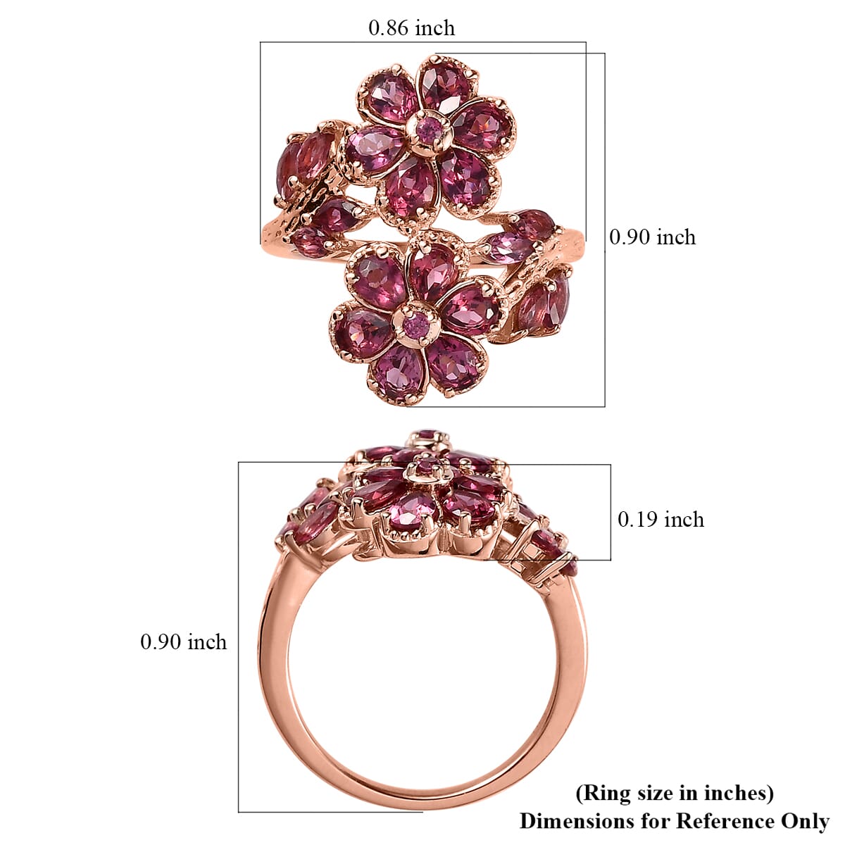 Tanzanian Rhodolite Garnet Floral Bypass Ring in Vermeil Rose Gold Over Sterling Silver (Size 5.0) 3.15 ctw image number 5