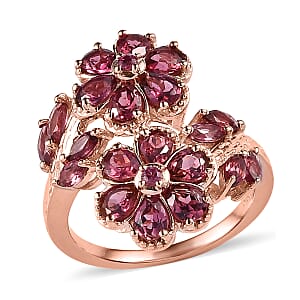 Tanzanian Rhodolite Garnet Floral Bypass Ring in Vermeil Rose Gold Over Sterling Silver (Size 9.0) 3.15 ctw