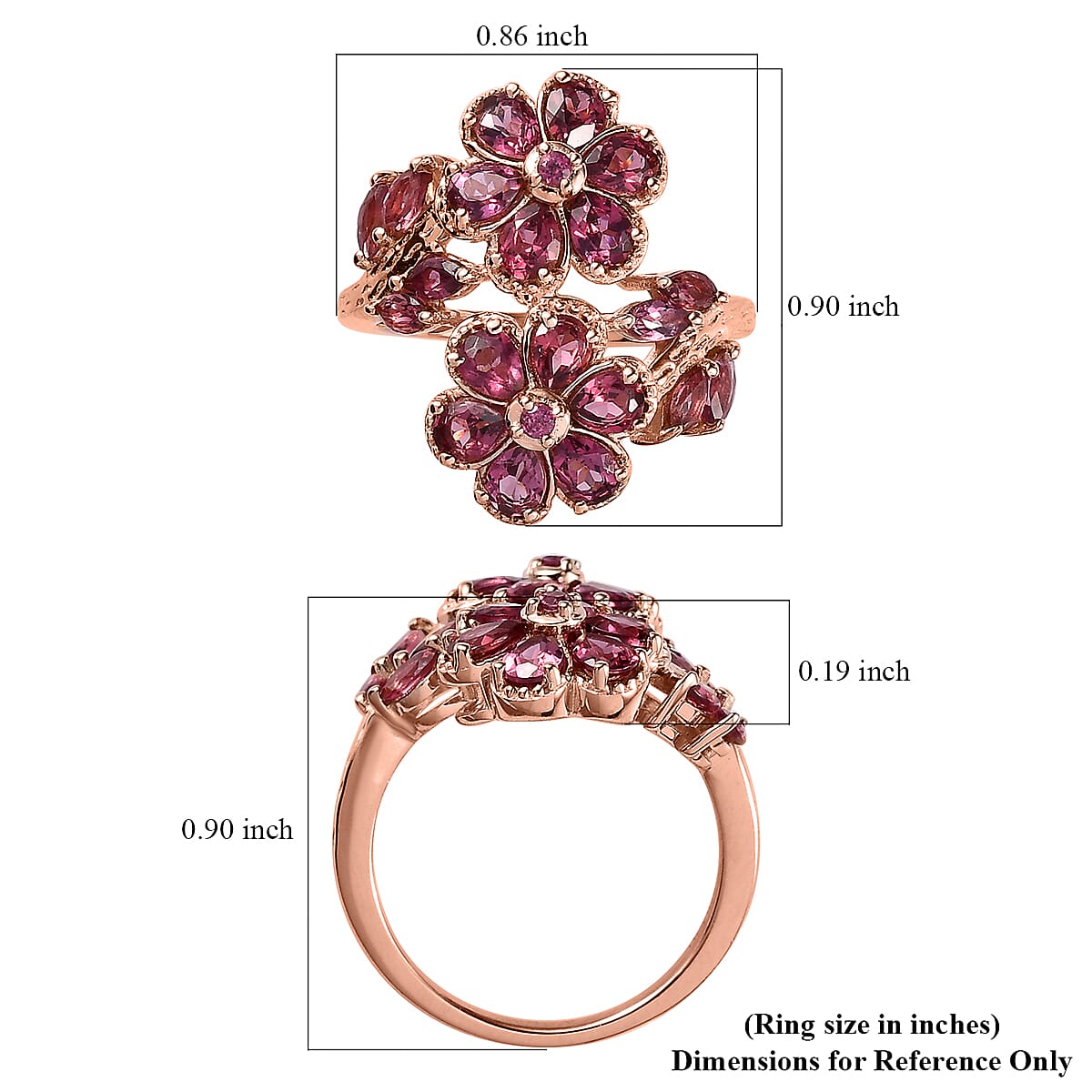 Tanzanian Rhodolite Garnet Floral Bypass Ring in Vermeil Rose Gold Over Sterling Silver (Size 9.0) 3.15 ctw