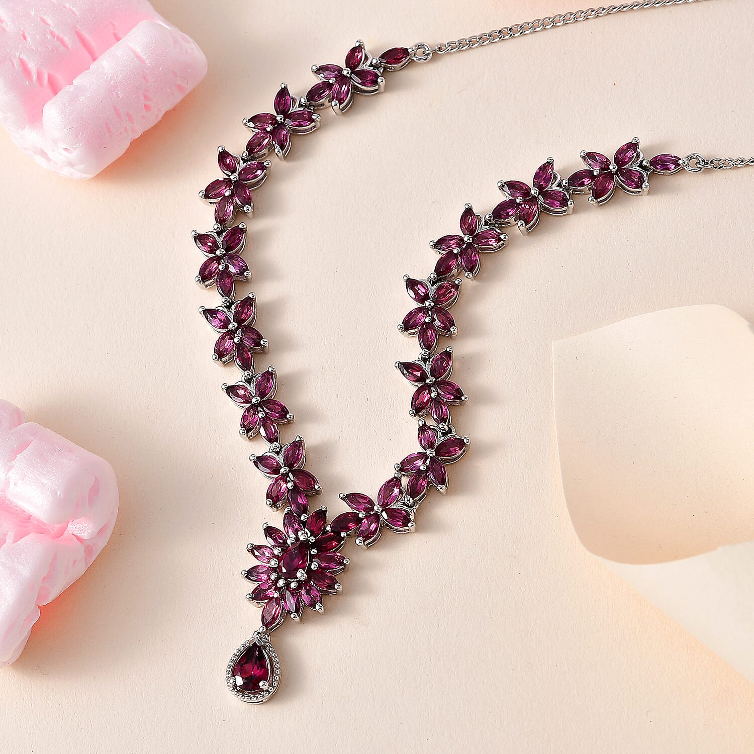 Tanzanian Rhodolite Garnet Necklace 18-20 Inches in Platinum Over Sterling Silver 15.50 ctw