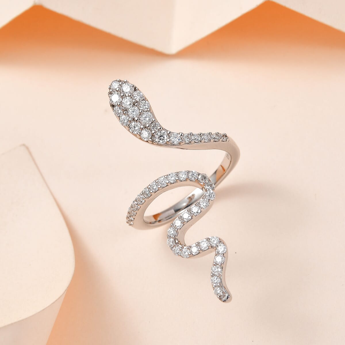 Moissanite Snake Ring in Platinum Over Sterling Silver (Size 5.0) 0.60 ctw image number 1
