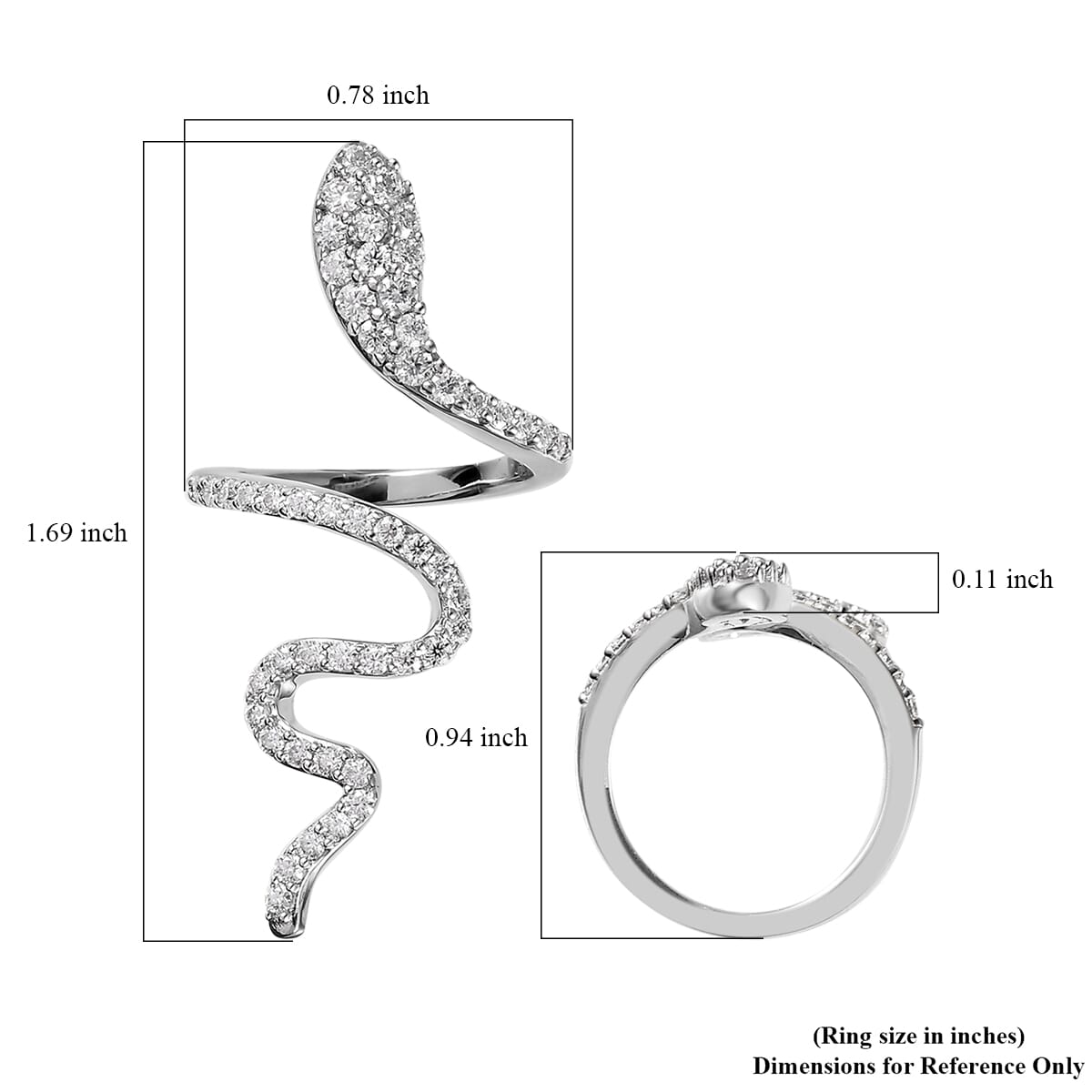 Moissanite Snake Ring in Platinum Over Sterling Silver (Size 5.0) 0.60 ctw image number 5
