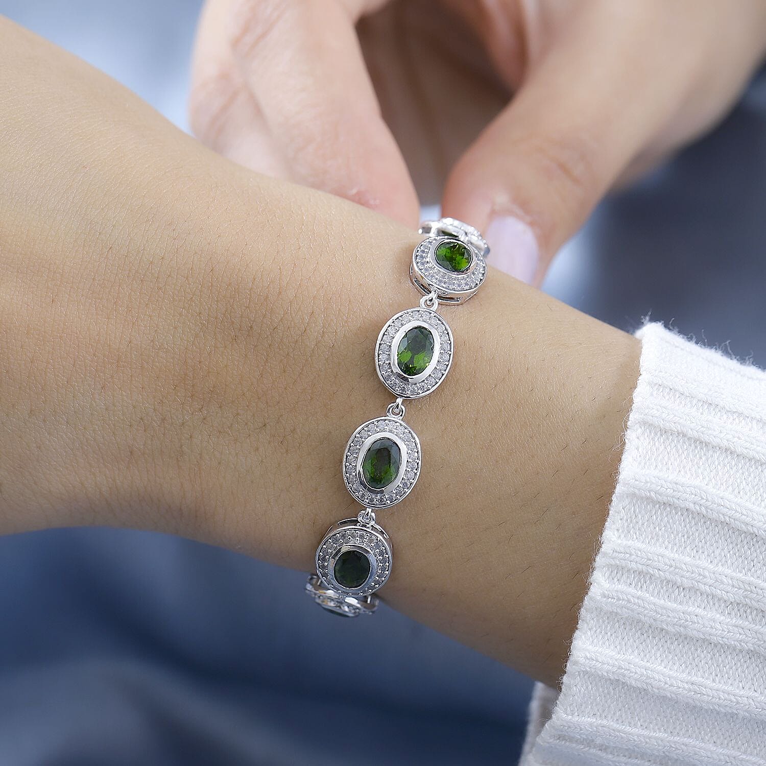 Chrome Diopside and White Zircon Bracelet in Platinum Over Sterling Silver (6.50 In) 13.00 ctw
