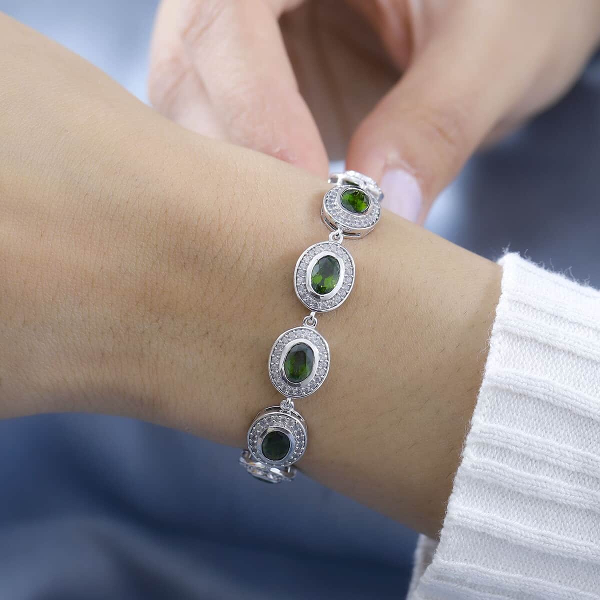 Natural Chrome Diopside and White Zircon Bracelet in Platinum Over Sterling Silver (6.50 In) 13.00 ctw image number 2