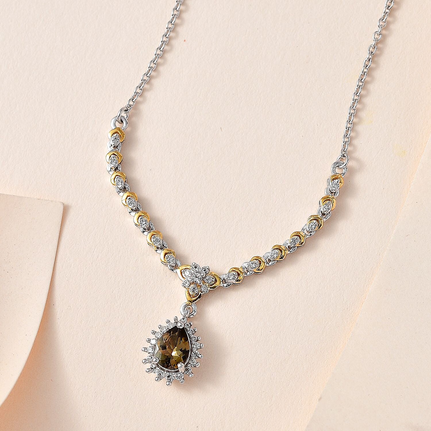 Golden Tanzanite and White Zircon Necklace 18-20 Inches in Vermeil Yellow Gold and Platinum Over Sterling Silver 1.00 ctw
