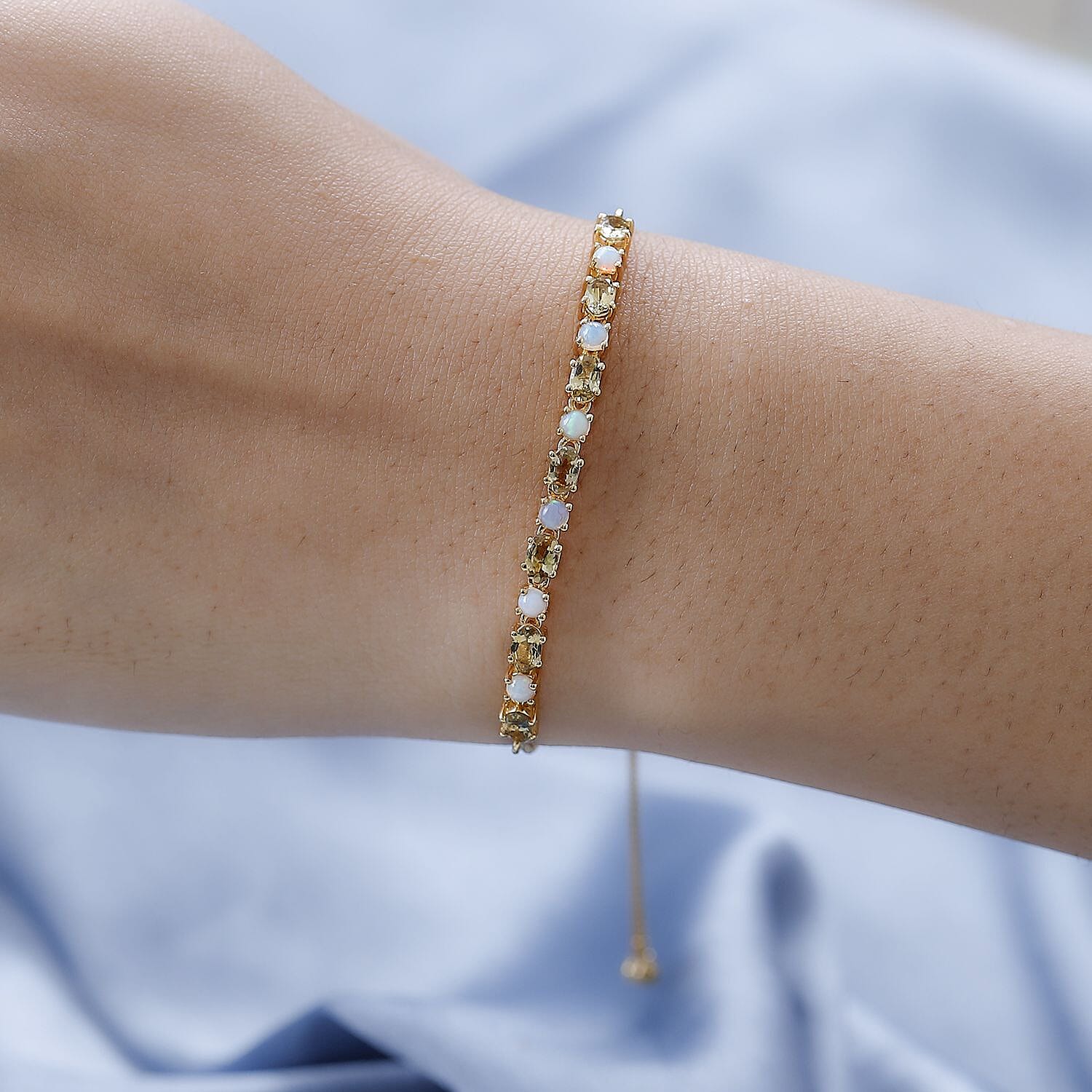 Golden Tanzanite and Ethiopian Welo Opal Bolo Bracelet in Vermeil Yellow Gold Over Sterling Silver 2.35 ctw
