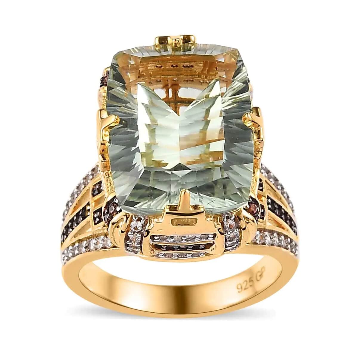 GP Art Deco Collection AAA Montezuma Prasiolite, Brown and White Zircon Ring in Vermeil Yellow Gold Over Sterling Silver 12.65 ctw (Del. in 5-7 Days) image number 0