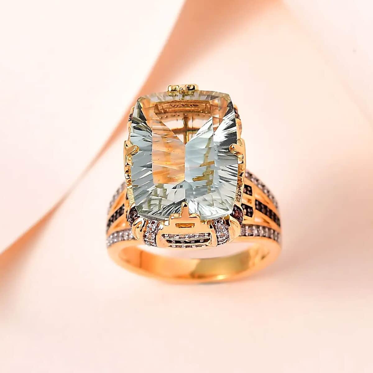 GP Art Deco Collection AAA Montezuma Prasiolite, Brown and White Zircon Ring in Vermeil Yellow Gold Over Sterling Silver 12.65 ctw (Del. in 5-7 Days) image number 1