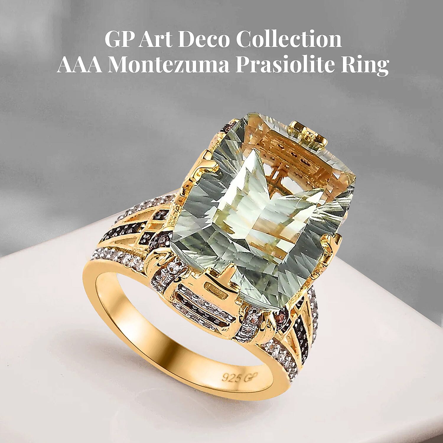 GP Art Deco Collection AAA Montezuma Prasiolite, Brown and White Zircon Ring in Vermeil Yellow Gold Over Sterling Silver (Size 10.0) 12.65 ctw