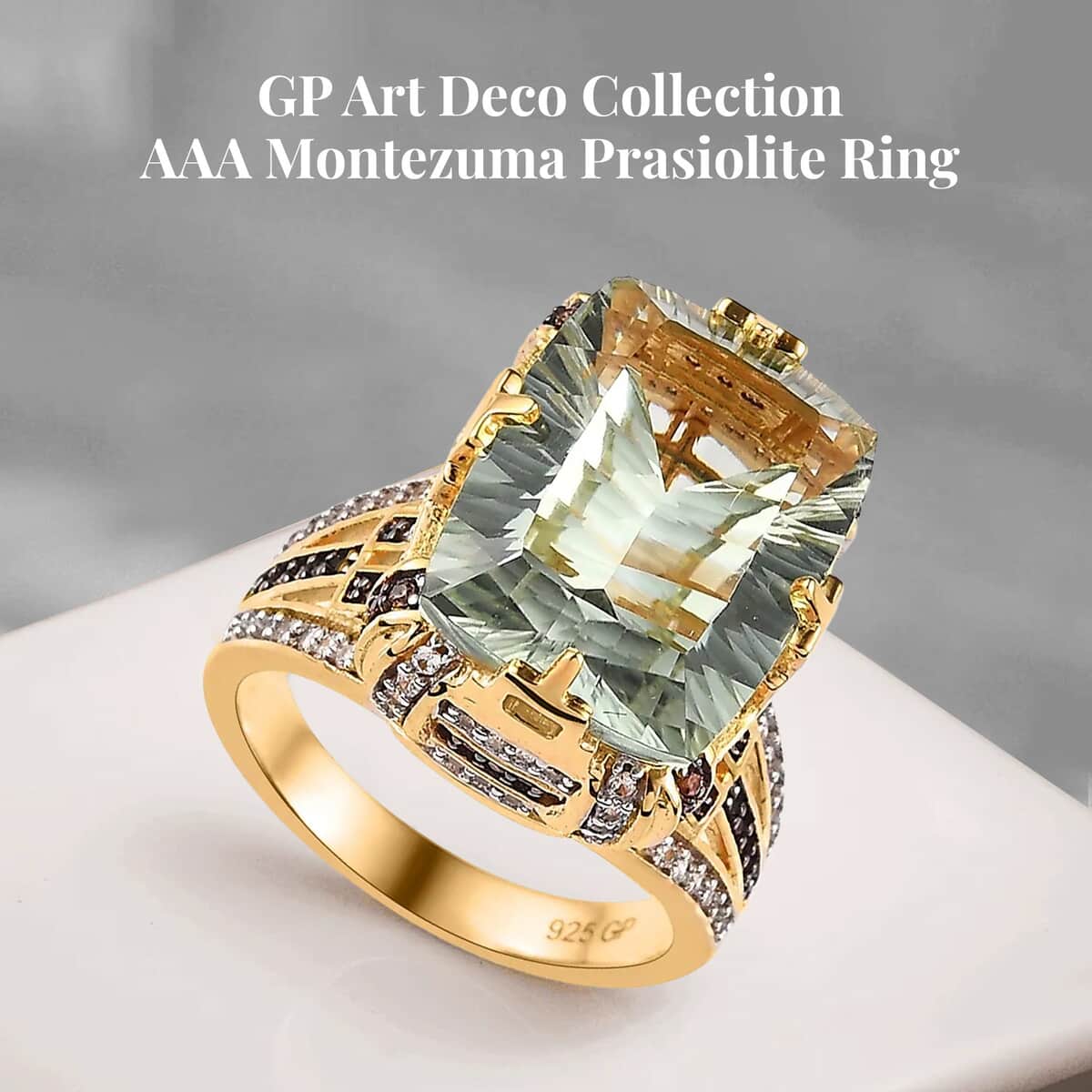 GP Art Deco Collection AAA Montezuma Prasiolite, Brown and White Zircon Ring in Vermeil Yellow Gold Over Sterling Silver 12.65 ctw (Del. in 5-7 Days) image number 2