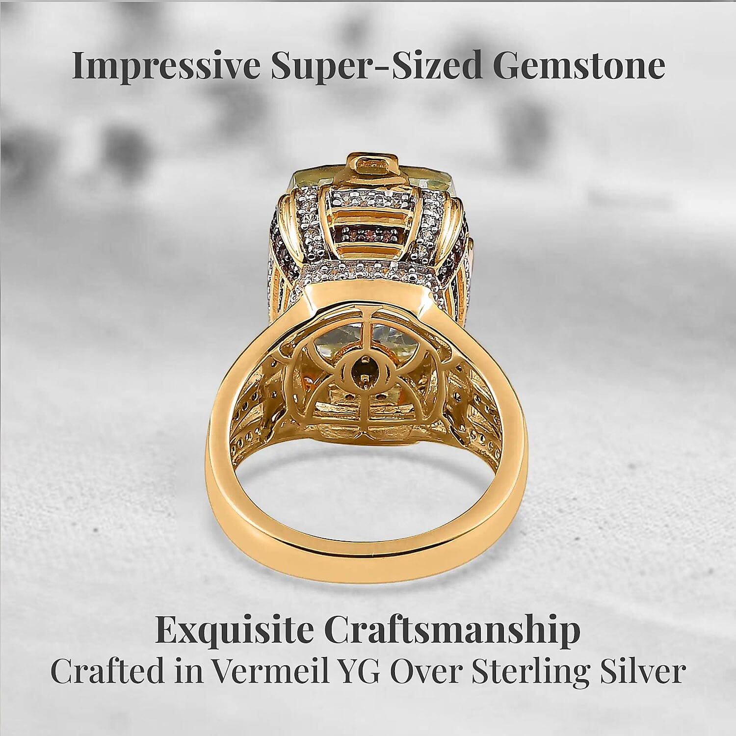 GP Art Deco Collection AAA Montezuma Prasiolite, Brown and White Zircon Ring in Vermeil Yellow Gold Over Sterling Silver (Size 10.0) 12.65 ctw