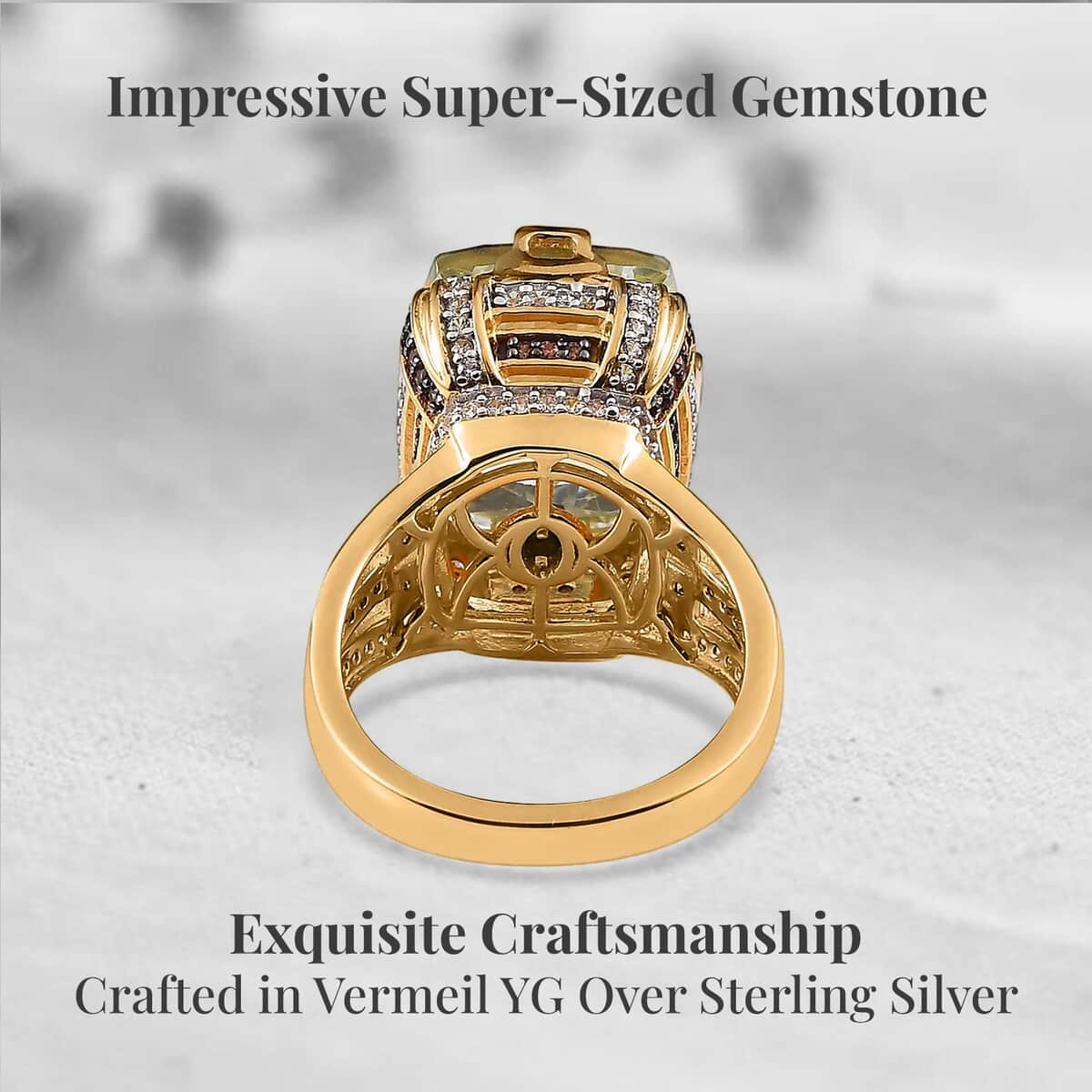 GP Art Deco Collection AAA Montezuma Prasiolite, Brown and White Zircon Ring in Vermeil Yellow Gold Over Sterling Silver 12.65 ctw (Del. in 5-7 Days) image number 3