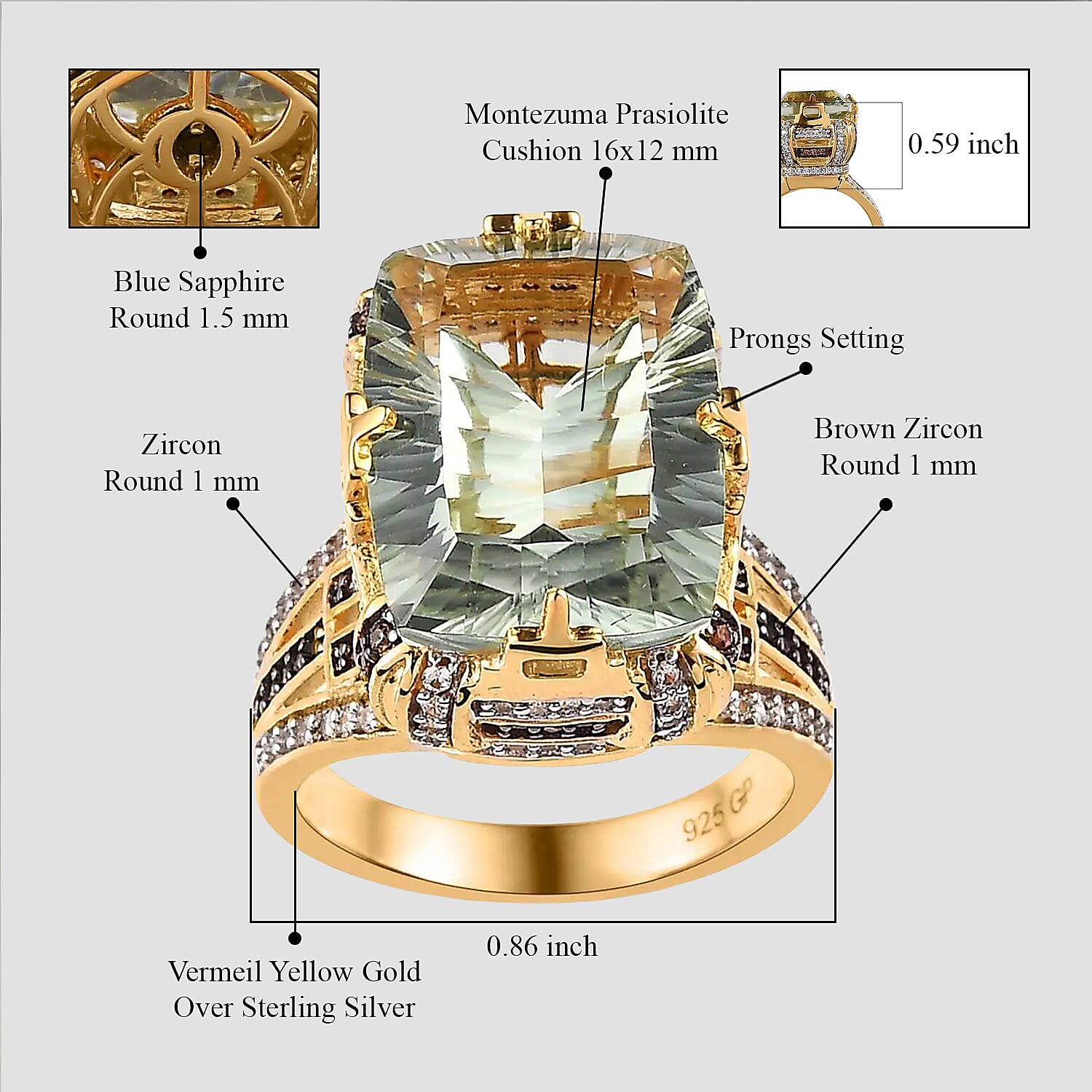 GP Art Deco Collection AAA Montezuma Prasiolite, Brown and White Zircon Ring in Vermeil Yellow Gold Over Sterling Silver (Size 10.0) 12.65 ctw