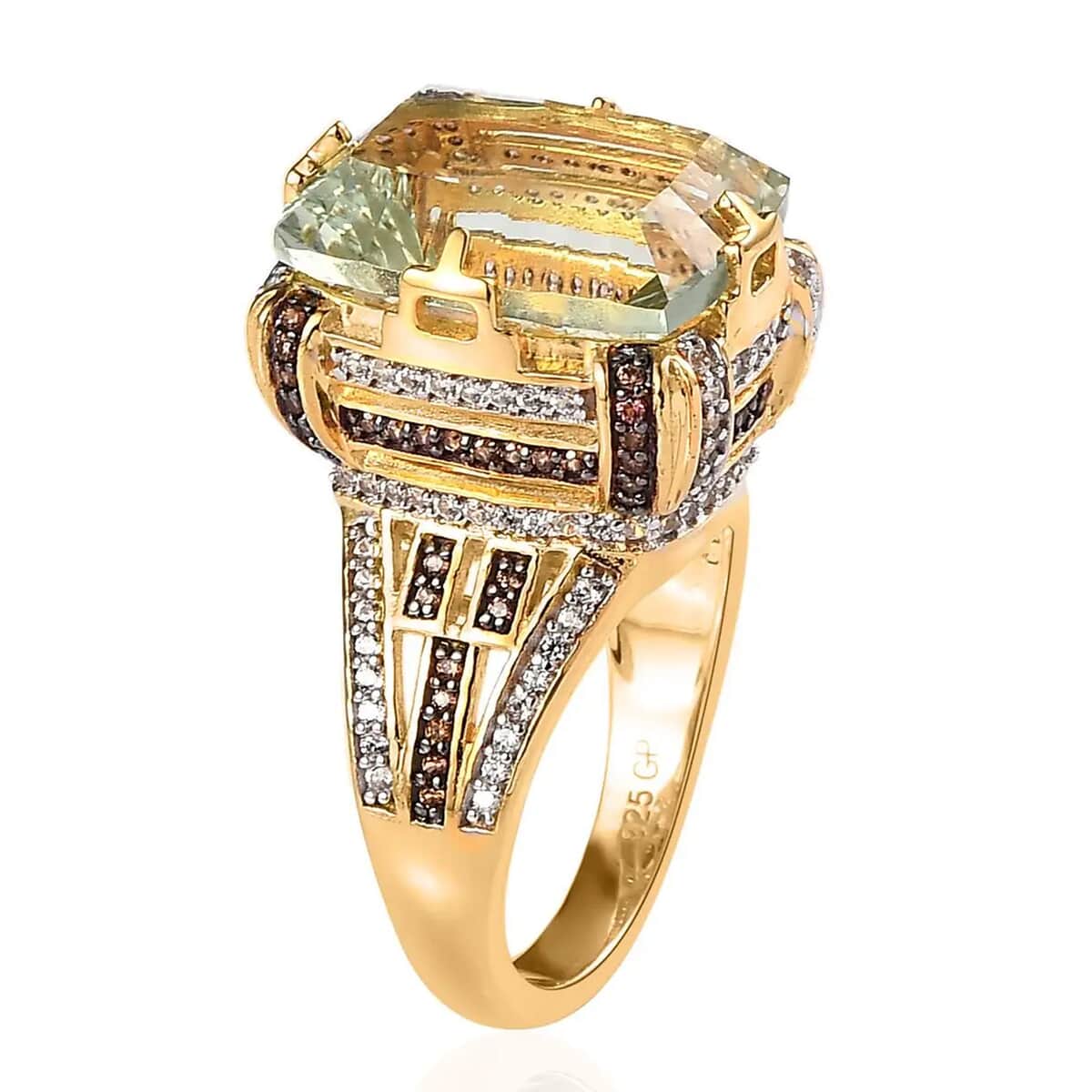 GP Art Deco Collection AAA Montezuma Prasiolite, Brown and White Zircon Ring in Vermeil Yellow Gold Over Sterling Silver 12.65 ctw (Del. in 5-7 Days) image number 7