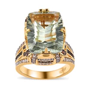 GP Art Deco Collection AAA Montezuma Prasiolite, Brown and White Zircon Ring in Vermeil Yellow Gold Over Sterling Silver (Size 6.0) 12.65 ctw