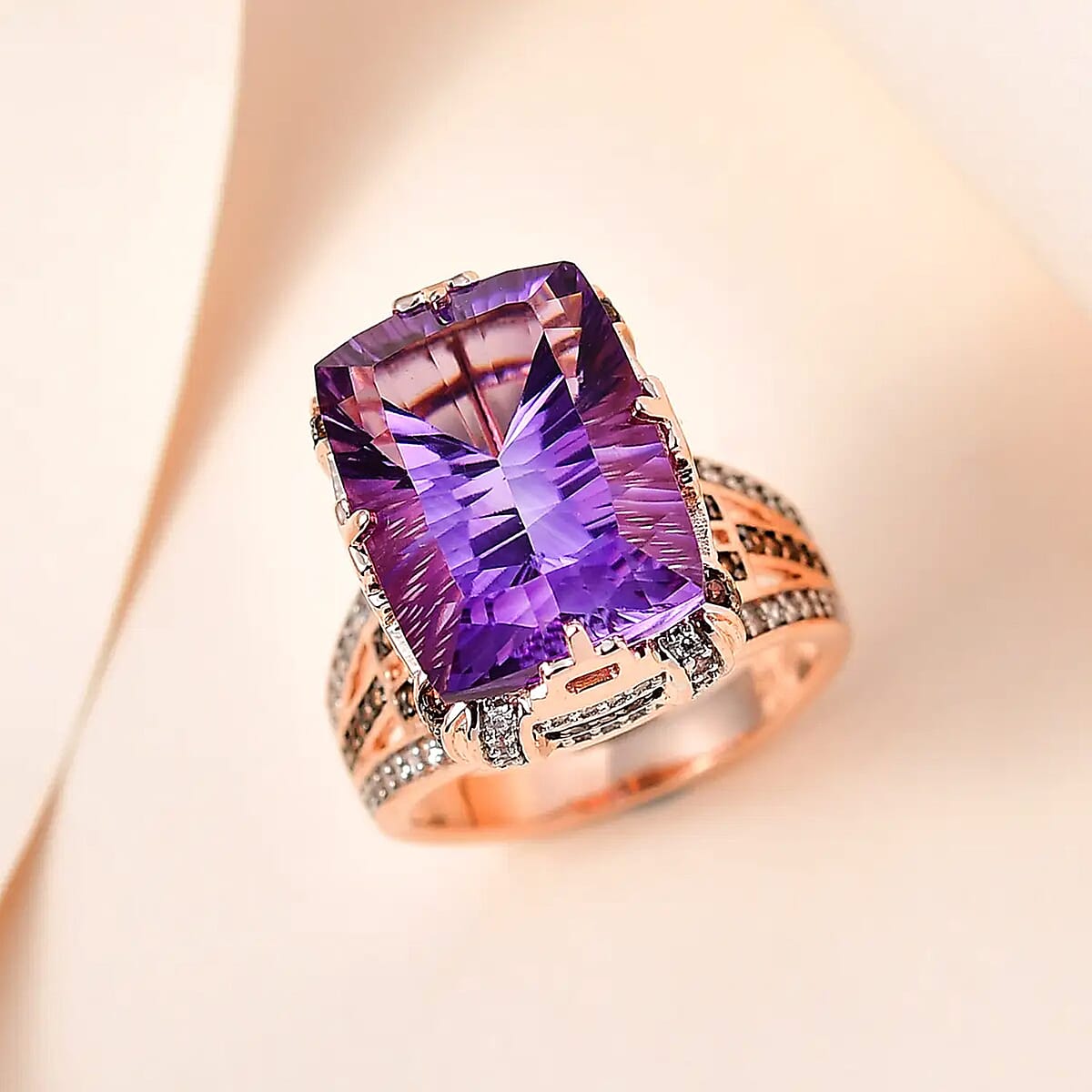 GP Art Deco Collection AAA Rose De France Amethyst, Brown and White Zircon Ring in Vermeil Rose Gold Over Sterling Silver (Size 9.0) 12.15 ctw image number 1