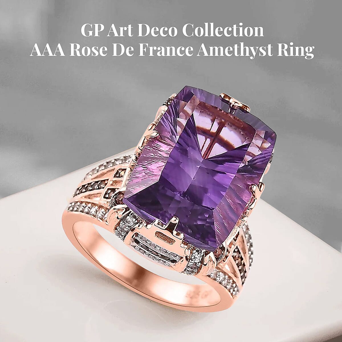 GP Art Deco Collection AAA Rose De France Amethyst, Brown and White Zircon Ring in Vermeil Rose Gold Over Sterling Silver (Size 9.0) 12.15 ctw image number 2