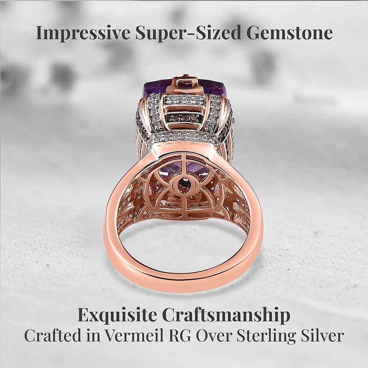 GP Art Deco Collection AAA Rose De France Amethyst, Brown and White Zircon Ring in Vermeil Rose Gold Over Sterling Silver (Size 9.0) 12.15 ctw image number 3