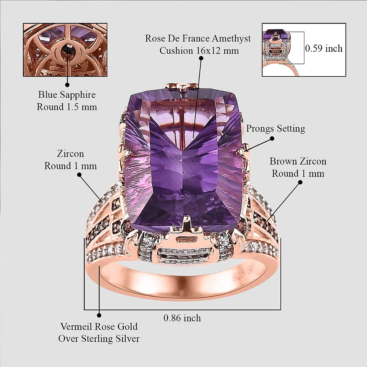 GP Art Deco Collection AAA Rose De France Amethyst, Brown and White Zircon Ring in Vermeil Rose Gold Over Sterling Silver (Size 9.0) 12.15 ctw image number 4