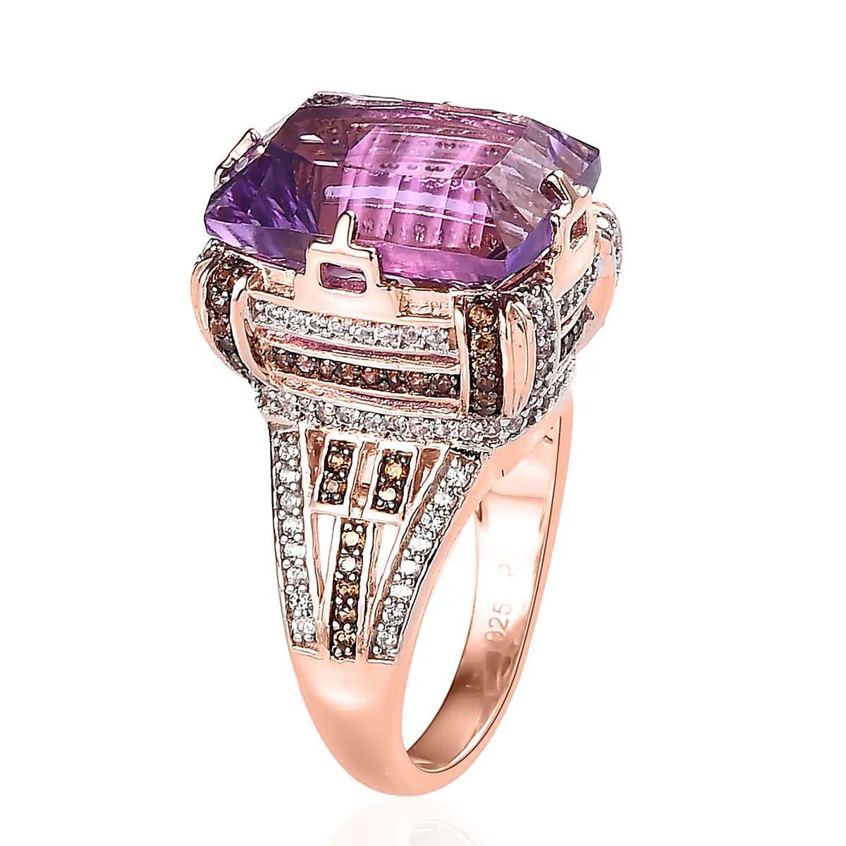 GP Art Deco Collection AAA Rose De France Amethyst, Brown and White Zircon Ring in Vermeil Rose Gold Over Sterling Silver (Size 9.0) 12.15 ctw image number 7