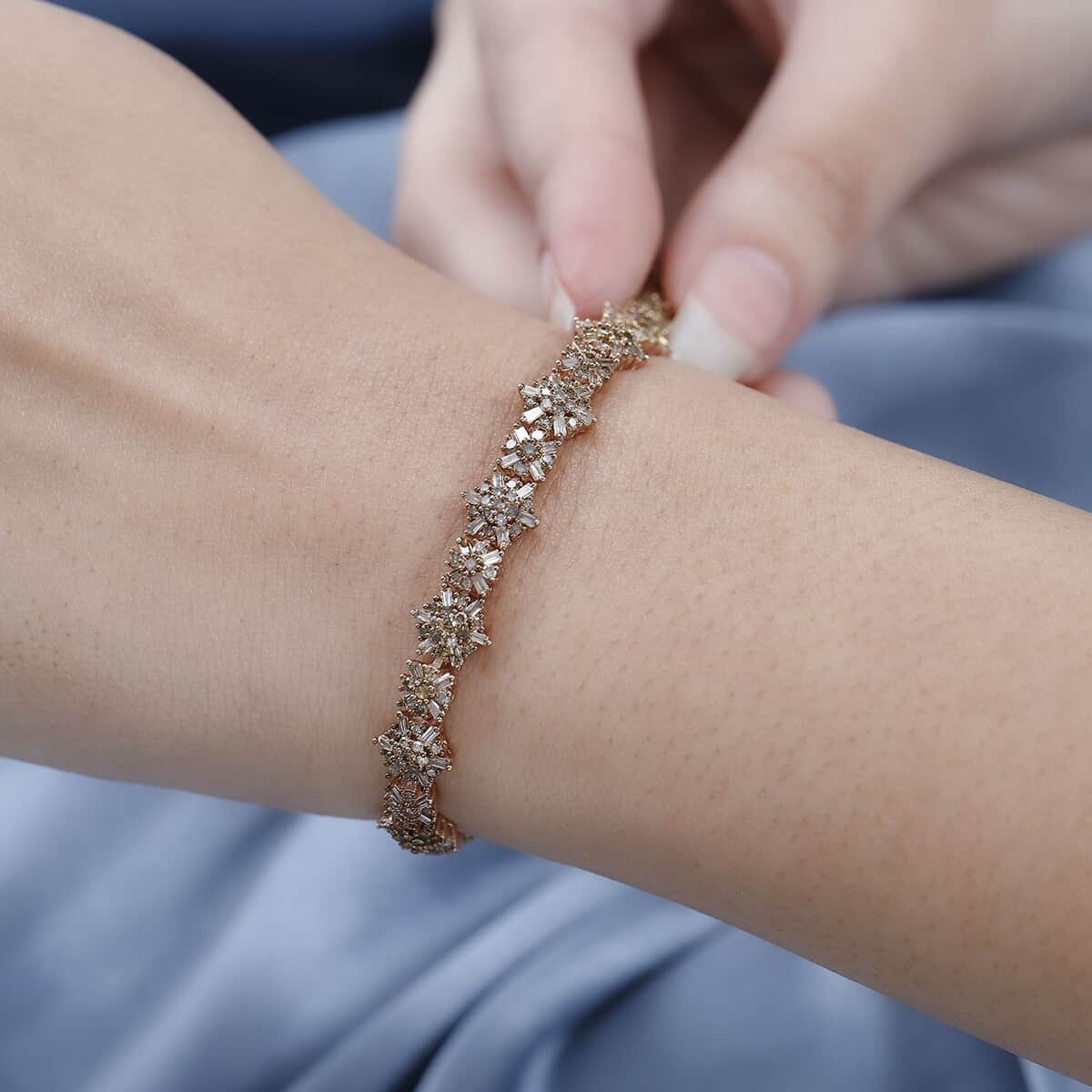 Natural Champagne Diamond Floral Bracelet in Vermeil Rose Gold Over Sterling Silver (7.25 In) 5.00 ctw image number 2