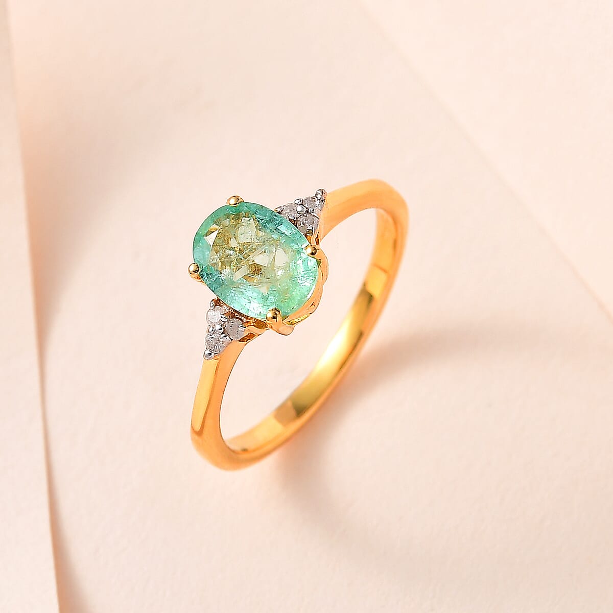 Ethiopian Emerald and Diamond Ring in Vermeil Yellow Gold Over Sterling Silver 1.10 ctw image number 1