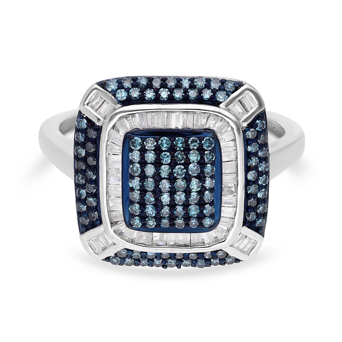 Venice Blue Diamond and White Diamond Ring in Platinum Over Sterling Silver (Size 9.0) 1.00 ctw