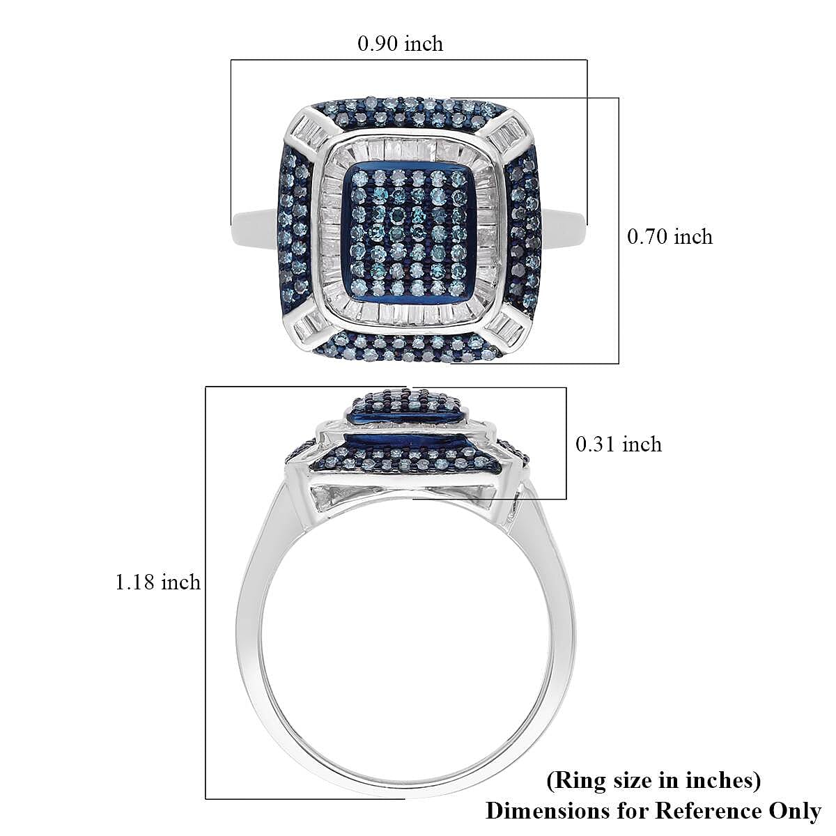 Venice Blue Diamond and White Diamond Ring in Platinum Over Sterling Silver (Size 9.0) 1.00 ctw
