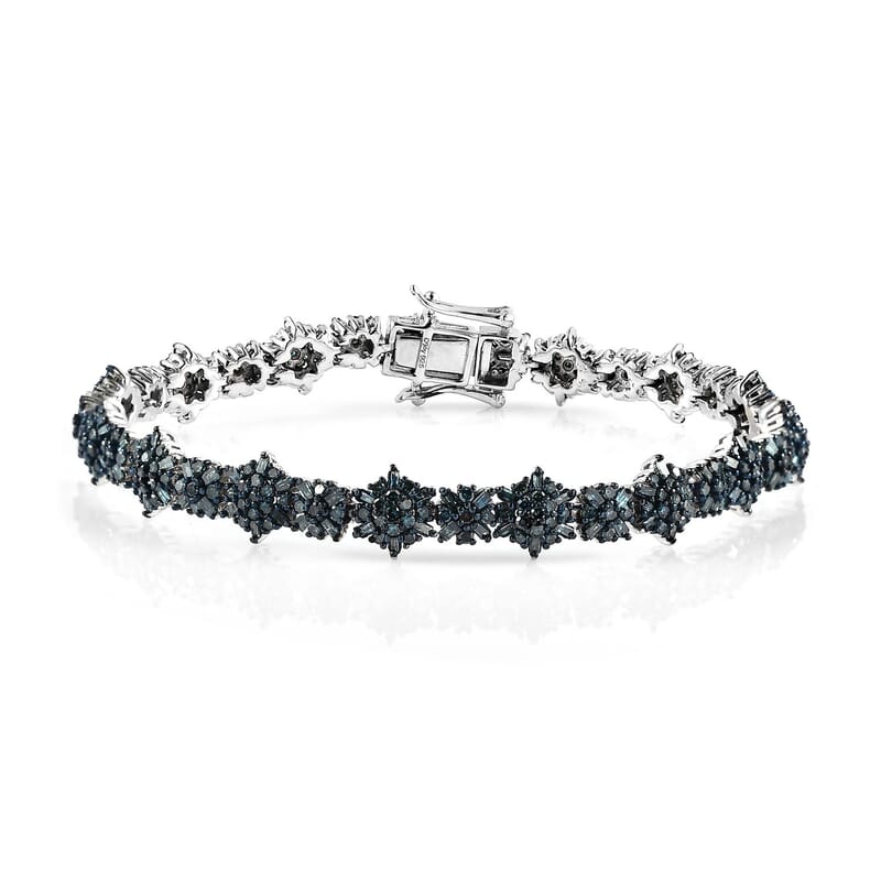 D'Joy Venice Blue Diamond Floral Bracelet in Platinum Over Sterling Silver (7.25 In) 5.00 ctw