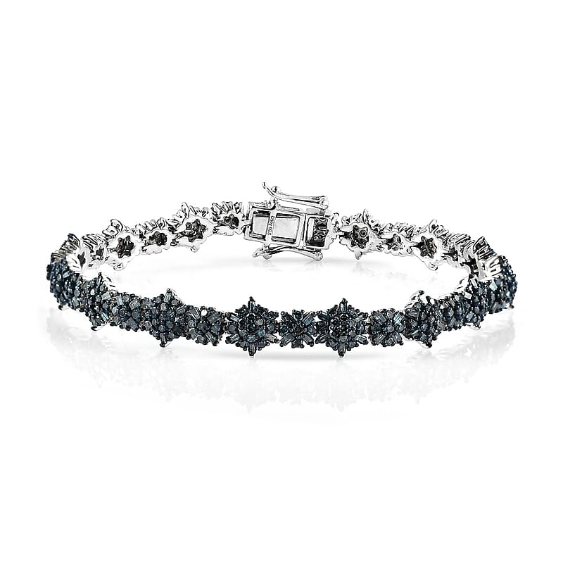 D'Joy Venice Blue Diamond Floral Bracelet in Platinum Over Sterling Silver (7.25 In) 5.00 ctw