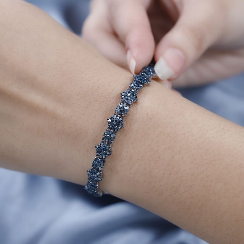 D'Joy Venice Blue Diamond Floral Bracelet in Platinum Over Sterling Silver (7.25 In) 5.00 ctw