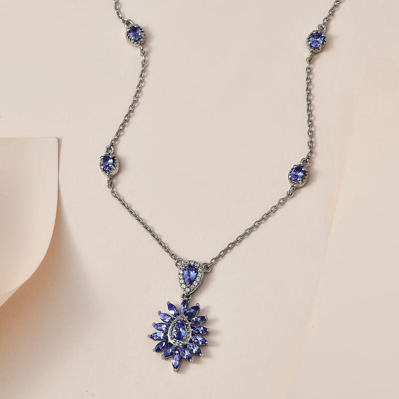 Tanzanite and White Zircon Necklace 18 Inches in Platinum Over Sterling Silver 2.65 ctw