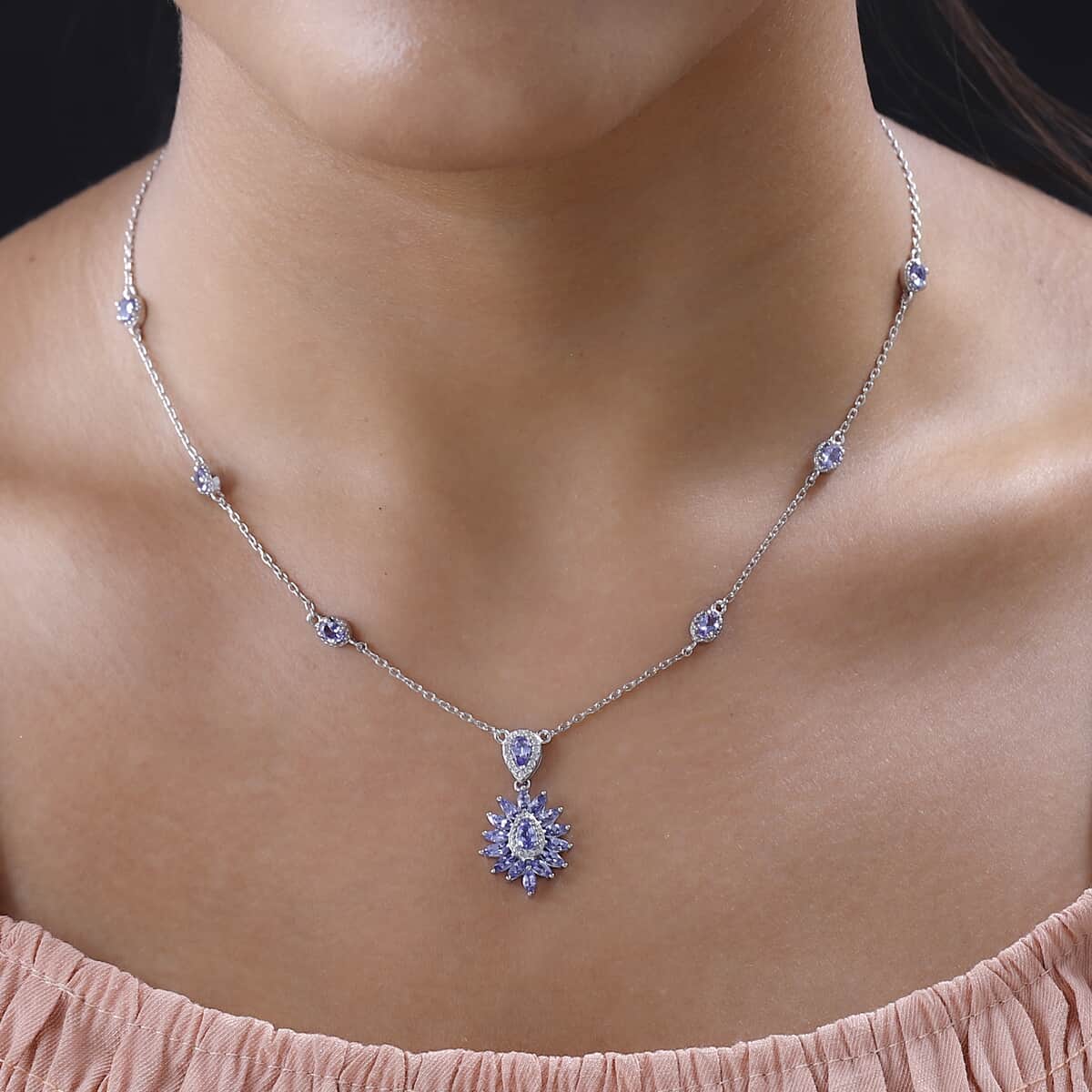 Tanzanite and White Zircon Necklace 18 Inches in Platinum Over Sterling Silver 2.65 ctw image number 2