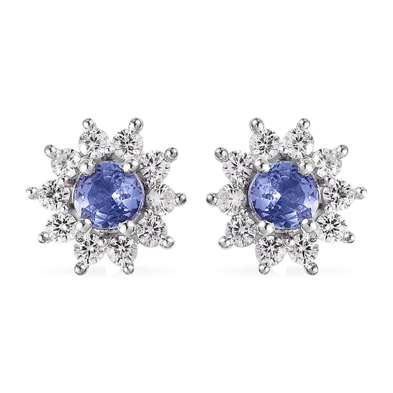 Tanzanite and White Zircon Sunburst Stud Earrings in Platinum Over Sterling Silver 1.15 ctw