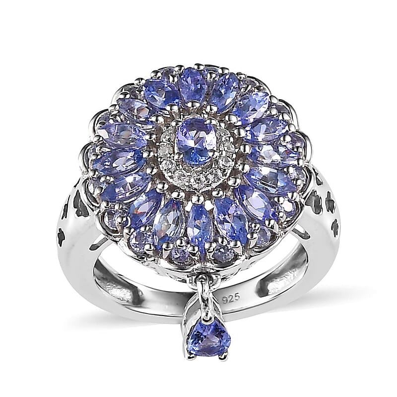 Tanzanite and White Zircon Floral Ring in Platinum Over Sterling Silver (Size 10.0) 2.10 ctw