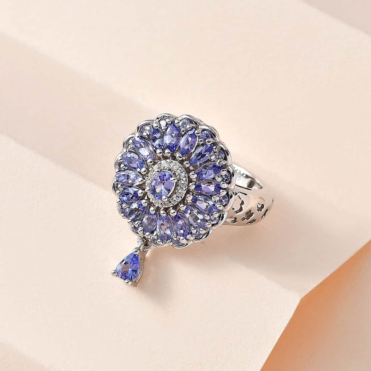 Tanzanite and White Zircon Floral Ring in Platinum Over Sterling Silver (Size 10.0) 2.10 ctw image number 1
