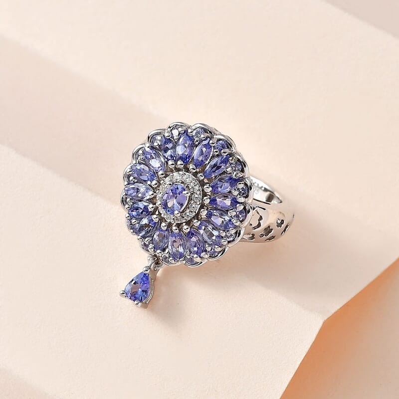 Tanzanite and White Zircon Floral Ring in Platinum Over Sterling Silver (Size 10.0) 2.10 ctw