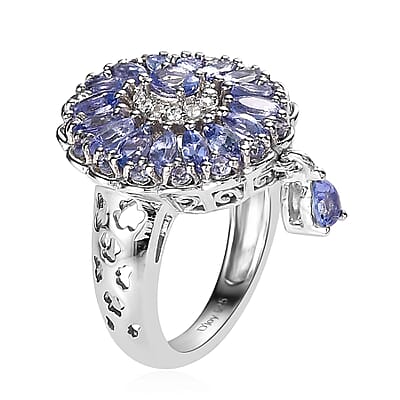 Tanzanite and White Zircon Floral Ring in Platinum Over Sterling Silver (Size 10.0) 2.10 ctw