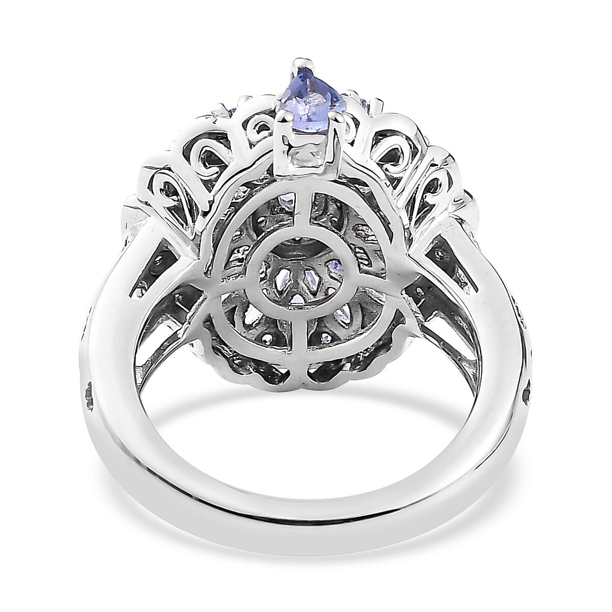 Tanzanite and White Zircon Floral Ring in Platinum Over Sterling Silver (Size 10.0) 2.10 ctw