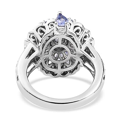 Tanzanite and White Zircon Floral Ring in Platinum Over Sterling Silver (Size 10.0) 2.10 ctw