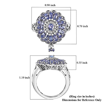 Tanzanite and White Zircon Floral Ring in Platinum Over Sterling Silver (Size 10.0) 2.10 ctw